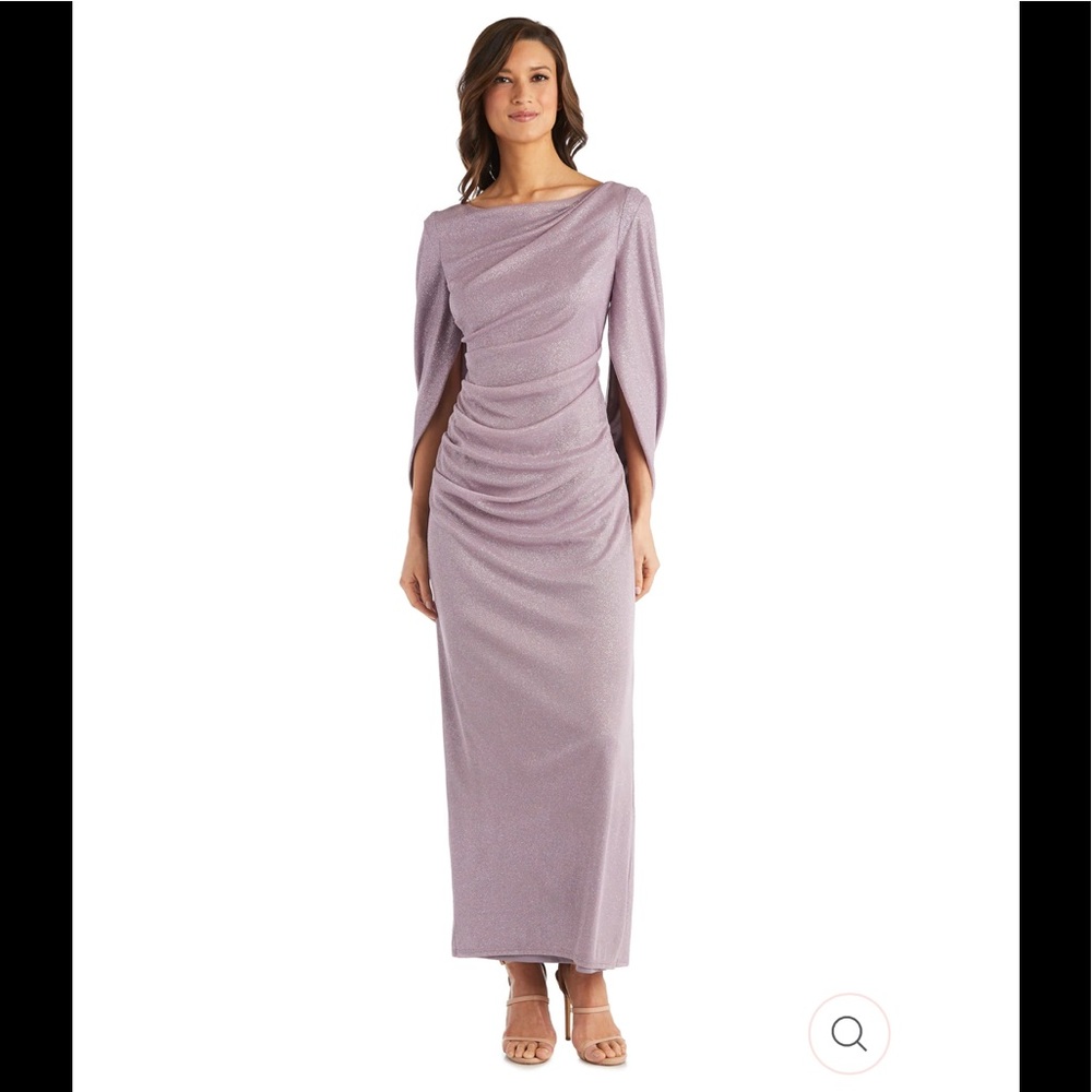 NWT,R&M Richards Draped Back Glitter Chiffon Dress,Petite.mauve